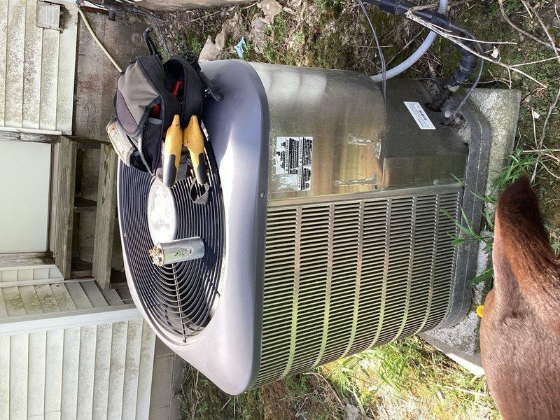 Responded to no-cool call on residential air conditioning system. Upon arrival, verified unit would not start. Diagnosed failed capacitor preventing compressor and condenser fan operation. Replaced defective capacitor with proper replacement part, restoring system to normal cooling operation.