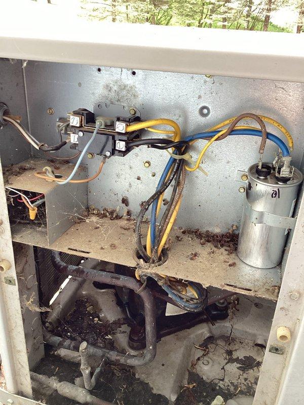 Responded to no cooling call on aging residential air conditioning system. Upon arrival, discovered condenser fan motor humming but not rotating, preventing proper heat rejection from the outdoor unit. Diagnosed failed condenser fan motor as primary issue. Unit interior showed significant debris accumulation and weathering consistent with 10+ years of outdoor exposure. Collected diagnostic fee and documented equipment condition with photos showing deteriorated condenser coil fins, corroded electrical components, and substantial environmental debris buildup in compartment. Coordinated with project manager to schedule repair and provided customer with detailed estimate for condenser fan motor replacement.