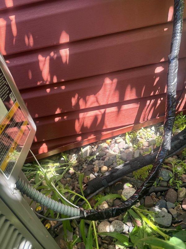 Responded to no cooling call on residential air conditioning system. Upon arrival, diagnosed issue as rodent damage to low voltage control wiring at outdoor condenser unit. Replaced damaged section of thermostat wiring to restore proper communication between thermostat and equipment. System tested and confirmed operational upon completion.