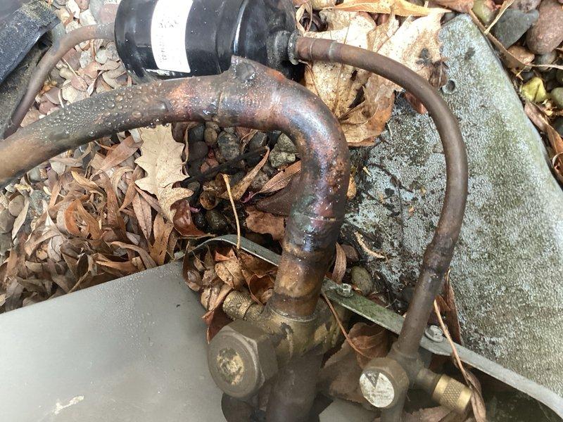 Responded to no cooling call on residential HVAC system less than 10 years old. Located and repaired refrigerant leak in outdoor unit's refrigerant line connections. System tested and confirmed operational upon completion of leak repair.
