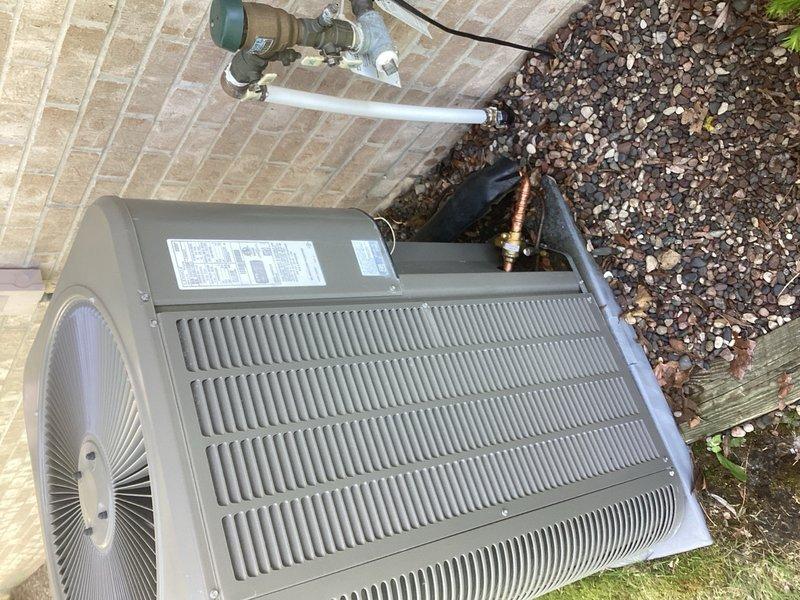 Responded to no cooling call on residential HVAC system less than 10 years old. Located and repaired refrigerant leak in outdoor unit's refrigerant line connections. System tested and confirmed operational upon completion of leak repair.