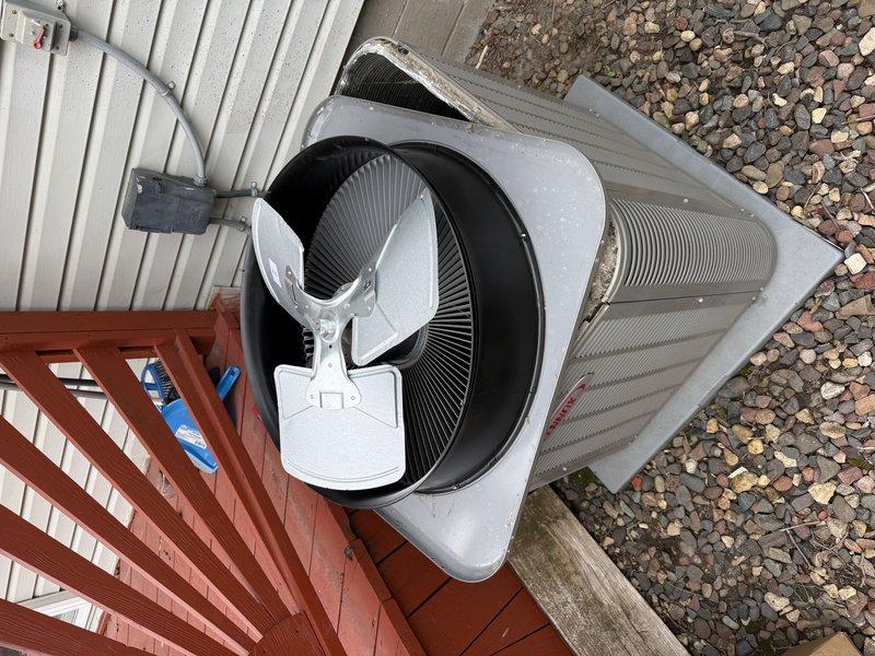 Completed warranty replacement of condenser fan shroud and fan blades on outdoor air conditioning unit. All components were successfully installed and unit was left in proper working condition.
