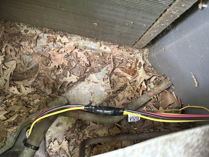 Responded to no cooling complaint on residential air conditioning unit. Upon inspection, discovered rodent damage to low-voltage control wiring with visible chew marks through multiple wire sections. Removed debris and leaf accumulation from unit interior. Repaired damaged wire sections, restored electrical connections, and verified system operation. Unit returned to normal cooling function.