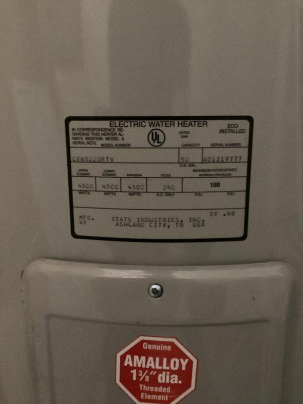 Conducted on-site assessment of existing 52-gallon State Industries electric water heater (Model CE6-52-2DRTV) located in unfinished utility area. Documented current equipment specifications, electrical connections, and installation configuration. Provided comprehensive estimate for replacement with new 50-gallon electric water heater unit.