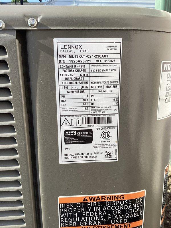 Responded to no-cooling complaint on 10-month-old Lennox ML13KC1-024 system where indoor temperature reached 81°F despite thermostat set to 78°F. Found tripped breaker upon arrival, reset breaker and restored power to system. Performed comprehensive system inspection and noted significant corrosion buildup on copper refrigerant line connection, indicating potential moisture intrusion or installation-related issue. Verified system operation, confirmed proper airflow through outdoor unit louvers, and documented R-454B refrigerant specifications matching factory charge of 4 lbs 7 oz. System restored to normal cooling operation.
