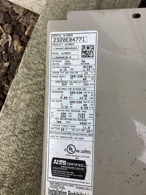 Responded to no cooling complaint on Goodman model 113NA801B-G outdoor condensing unit manufactured in June 2020. Upon arrival, diagnosed failed dual run capacitor preventing compressor and condenser fan motor operation. Removed defective capacitor and installed new dual run capacitor with proper microfarad ratings per manufacturer specifications, restoring system to normal cooling operation.