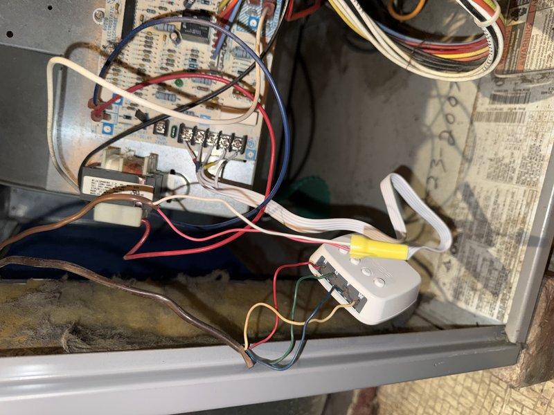 Responded to no cooling call. Upon arrival, found homeowner had recently installed Ecobee thermostat but was unsure of proper wiring connections. Inspection revealed two wires had been wire nutted together by homeowner during thermostat installation as they were uncertain of correct terminal placement. Identified proper wire connections, removed wire nuts, and correctly terminated all thermostat wiring to appropriate terminals on both the Ecobee and HVAC control board. Verified system operation and confirmed cooling function restored.