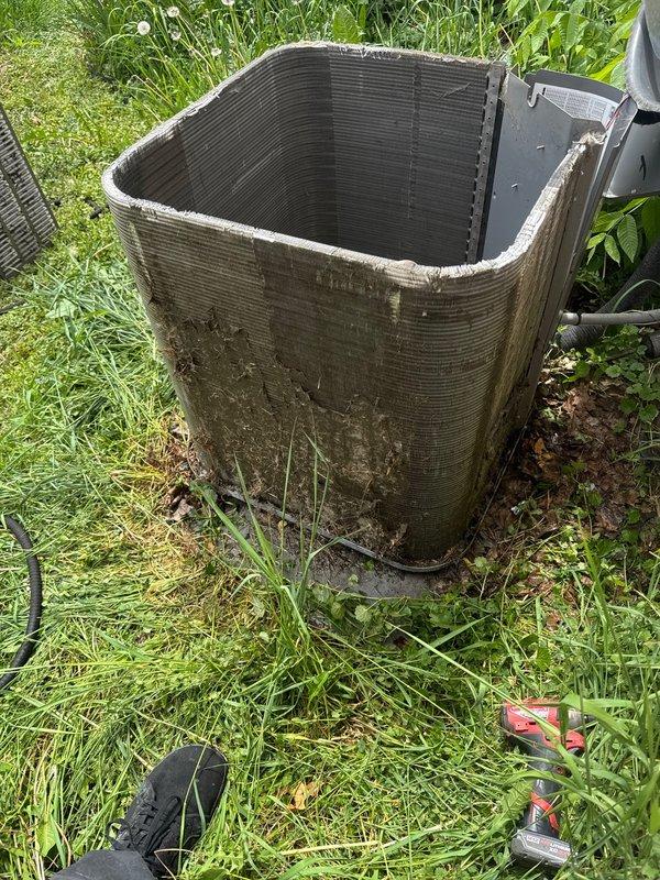 # HVAC Service Report

Responded to no cooling call and discovered air conditioning system was improperly wired during previous furnace installation. Corrected all electrical connections between thermostat, furnace, and condenser unit to restore proper system communication and operation. Performed condenser coil cleaning to remove accumulated debris and organic buildup, then tested complete system operation to verify proper cooling function.