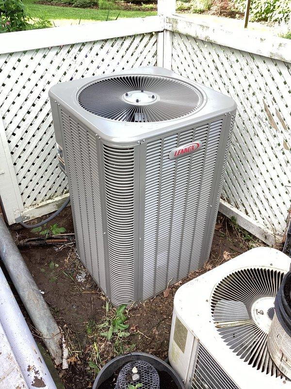 Responded to no cooling complaint on 2024 Lennox air conditioning system. Confirmed system was low on refrigerant due to active leak. Recharged system with 4.5 pounds of refrigerant and injected UV dye into refrigerant circuit to facilitate leak detection. Return visit scheduled in approximately one week to allow dye circulation and pinpoint exact location of refrigerant leak for proper repair.