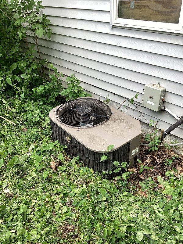 Responded to no cooling complaint and diagnosed thermostat malfunction caused by incorrectly installed batteries. Corrected battery polarity to restore thermostat operation and performed complete system maintenance on air conditioning unit. Noted significant vegetation overgrowth around outdoor condenser unit that should be cleared to maintain proper airflow and system efficiency.