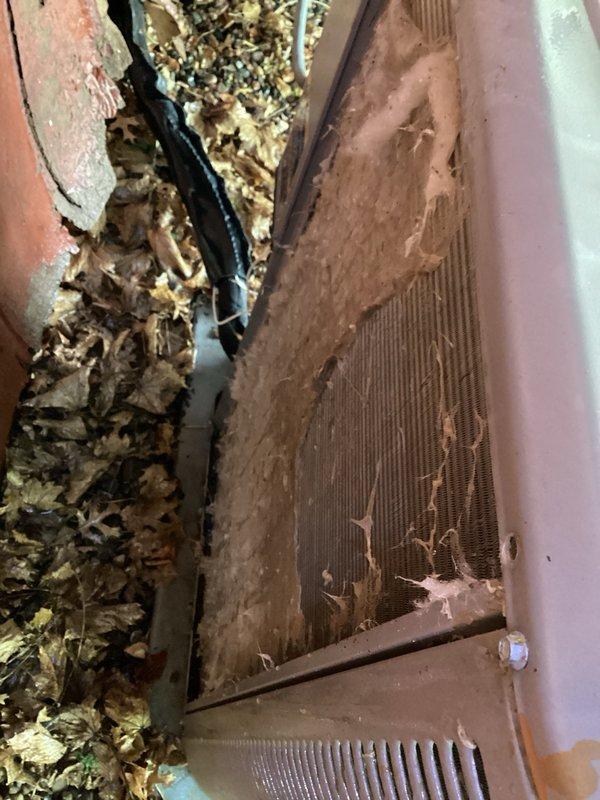 Responded to no cooling complaint on residential air conditioning system. Upon inspection, found unit operating with low refrigerant charge. Performed system evaluation including outdoor condenser unit and indoor evaporator coil. Documented equipment condition with photos showing outdoor condenser positioned against exterior wall and indoor coil assembly in attic space with visible dust accumulation on fins. Due to advanced age of system and refrigerant loss, recommended full system replacement as most cost-effective solution rather than repair. Customer's family contact was advised of findings and replacement recommendation.