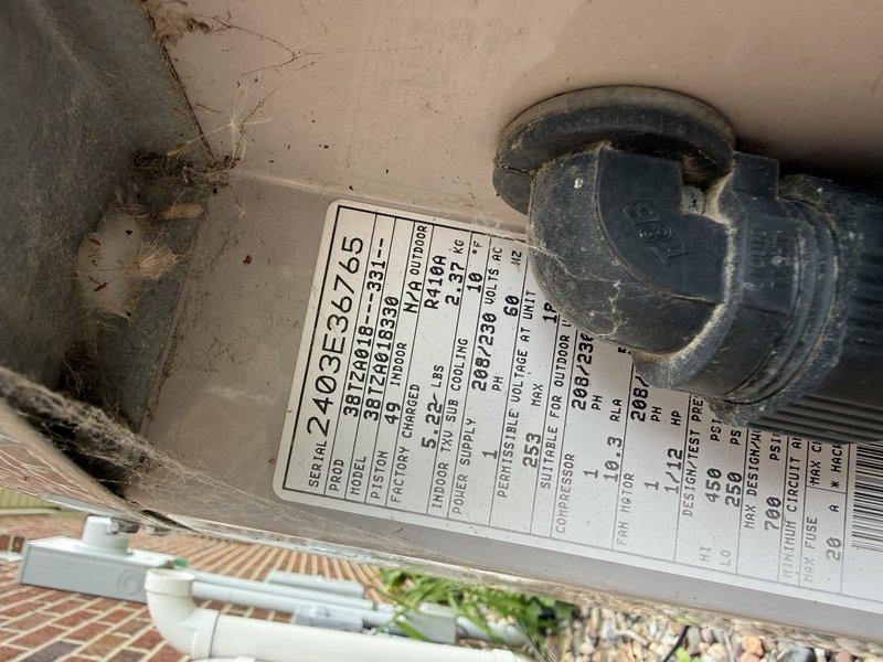 Responded to no-cooling complaint on Carrier Puron system. Diagnosed low refrigerant charge as cause of insufficient cooling capacity. Added refrigerant to manufacturer specifications and injected UV dye pack into system to facilitate future leak detection if necessary.