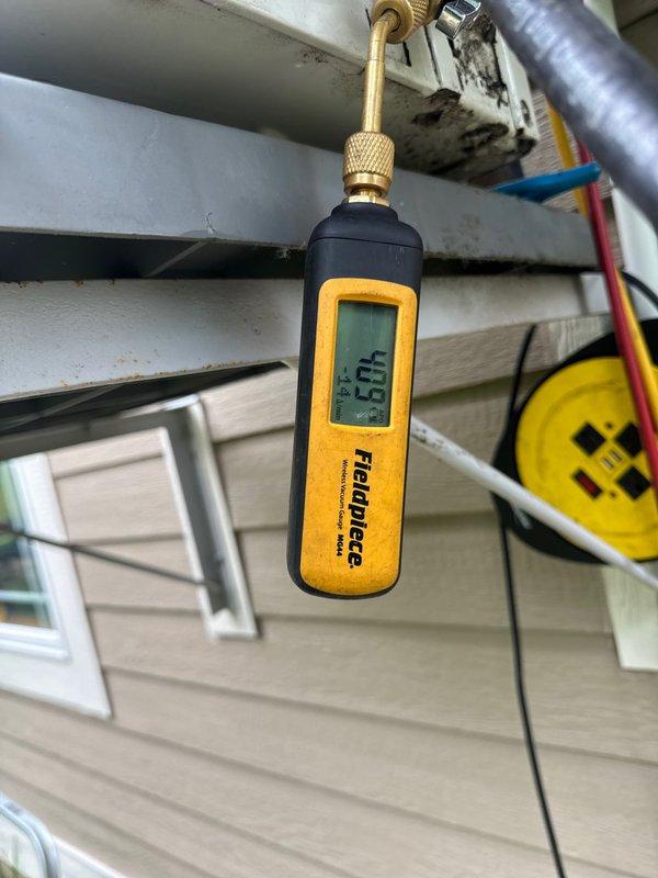 Responded to mini split system callback and diagnosed refrigerant leak at exterior line set connections. Replaced faulty flare fittings on both liquid and suction lines, evacuated system to proper vacuum levels using micron gauge, and recharged unit to manufacturer specifications. Verified proper system operation with diagnostic equipment and confirmed all connections leak-free before completing service.
