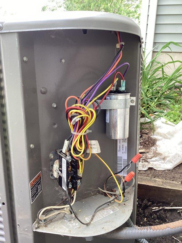 Responded to no cooling complaint on 8-year-old air conditioning system that ceased operation the previous evening. Diagnosed failed dual run capacitor as root cause of system failure. Removed defective capacitor and installed replacement unit, restoring full cooling operation to the system.