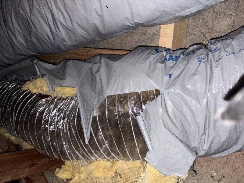 Responded to customer report of inadequate airflow to multiple rooms. Inspected attic-mounted HVAC system and identified three failed flexible duct runs, including two completely collapsed flex lines and one run with missing insulation causing significant thermal loss. Replaced all three compromised duct runs with properly insulated flexible ductwork, secured with appropriate hangers and metal straps to wooden framing. Verified airflow restoration to affected rooms and ensured all connections were properly sealed.