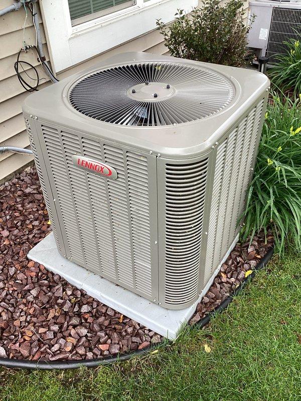 Completed comprehensive annual maintenance on residential Lennox air conditioning system. Performed full system inspection, cleaned condenser coils, checked refrigerant levels and pressures, verified electrical connections, tested capacitor and contactor operation, and confirmed proper airflow and system operation.