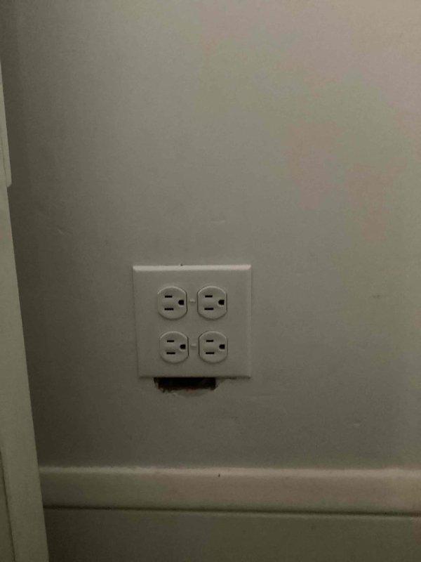 Completed electrical estimate and rewiring work, installing quadplex outlet receptacles with proper wall plates and ensuring secure connections. Verified all outlets are functioning correctly with appropriate power supply and tested for proper grounding on all three-prong receptacles.