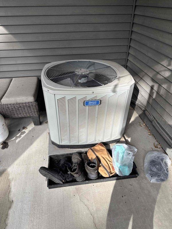 Completed comprehensive AC and furnace tune-up maintenance on residential HVAC system. During inspection of the outdoor condensing unit, identified a failed capacitor affecting system performance. Performed full maintenance protocol on both systems, removed the defective capacitor, and recommended immediate replacement to restore proper AC operation.