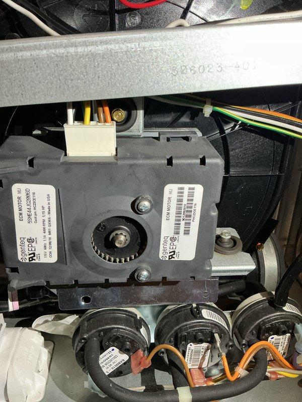Responded to no heat call where furnace was not maintaining temperature and blower fan would not operate in auto mode. Upon inspection, diagnosed failed ECM inducer motor assembly. Due to the age of the unit being over 10 years old and the cost-effectiveness of repair versus replacement, recommended full system replacement to the customer rather than proceeding with motor replacement.