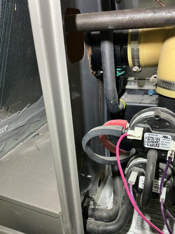 Responded to report of oil-like substance on furnace filter. Upon inspection, identified rust-colored residue appearing to be from a minor condensate leak. Operated furnace through complete cycle and monitored condensate system with no active leaking observed. Performed combustion analysis and preventive maintenance assessment of unit, verifying all components operating within normal parameters.
