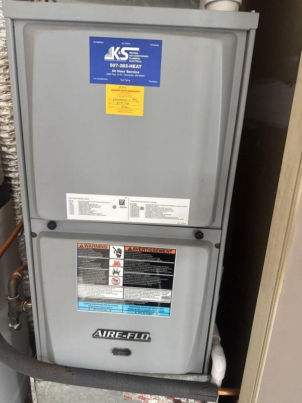 Responded to callback for reported shuddering noise from AIRE-FLO furnace unit. Conducted thorough inspection of furnace, water softener, and water heater in mechanical room but was unable to recreate the noise described. Advised customer to contact for follow-up service if noise recurs.