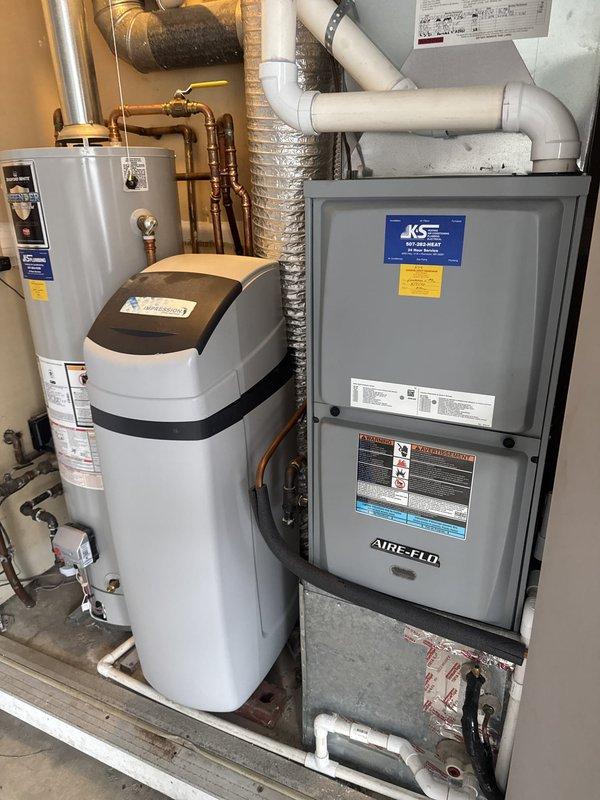 Responded to callback for reported shuddering noise from AIRE-FLO furnace unit. Conducted thorough inspection of furnace, water softener, and water heater in mechanical room but was unable to recreate the noise described. Advised customer to contact for follow-up service if noise recurs.