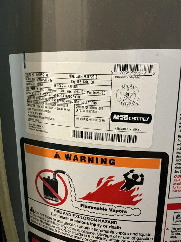Responded to service call for leaking water heater requiring replacement estimate. Upon arrival, inspected Richmond 50-gallon natural gas power vent water heater (Model 60RGRPVZ-42, manufactured September 2016) located in basement utility area. Confirmed active leak affecting entire unit, determined replacement necessary rather than repair. Documented existing equipment configuration including power vent assembly, copper supply and distribution lines, and gas connections. Provided comprehensive estimate for replacement with comparable 50-gallon natural gas power vent water heater unit.