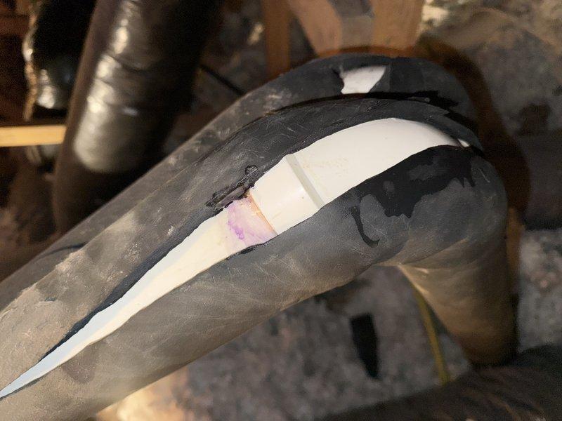Responded to service call regarding humidifier malfunction and condensation leak. Upon inspection, discovered PVC elbow joint in attic above furnace was not properly glued, causing condensation to leak from the venting system. Applied PVC cement to secure the elbow connection and prevent future moisture issues. Addressed customer concerns about humidifier operation and discussed potential filter replacement needs. Also identified venting configuration from roof to garage that was contributing to moisture buildup in the system.