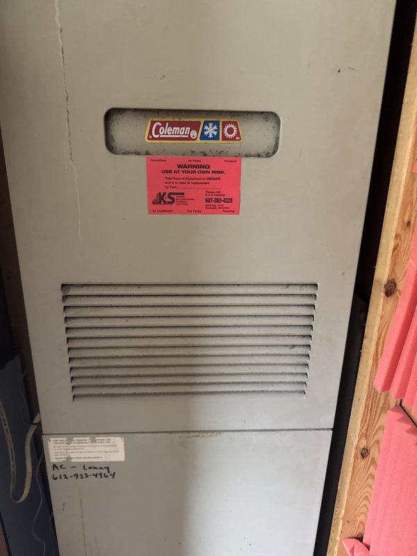 Responded to no heat call on 1987 Coleman furnace. Upon inspection, discovered failed high limit switch and cracked heat exchanger. Used inspection camera to document heat exchanger failure and confirm extent of damage. Red tagged unit per safety protocols and shut down system immediately due to dangerous carbon monoxide risk from cracked heat exchanger. Thoroughly explained hazards to occupant and provided documentation of findings. Unit deemed unsafe for operation and beyond economical repair given age and condition.