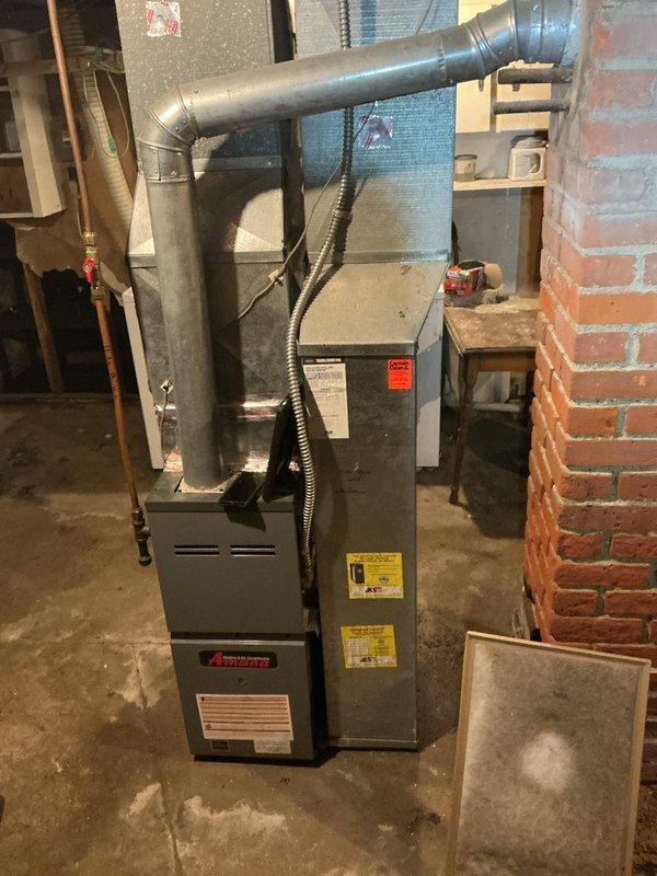 Responded to no heat call on Amana furnace following LP tank run-out. Upon inspection, discovered unit was operating on propane but lacked required LP shut-off safety kit and proper gas valve conversion components. Ordered and will install LP shut-off kit and gas valve conversion kit to bring system into compliance with propane fuel requirements and safety standards.