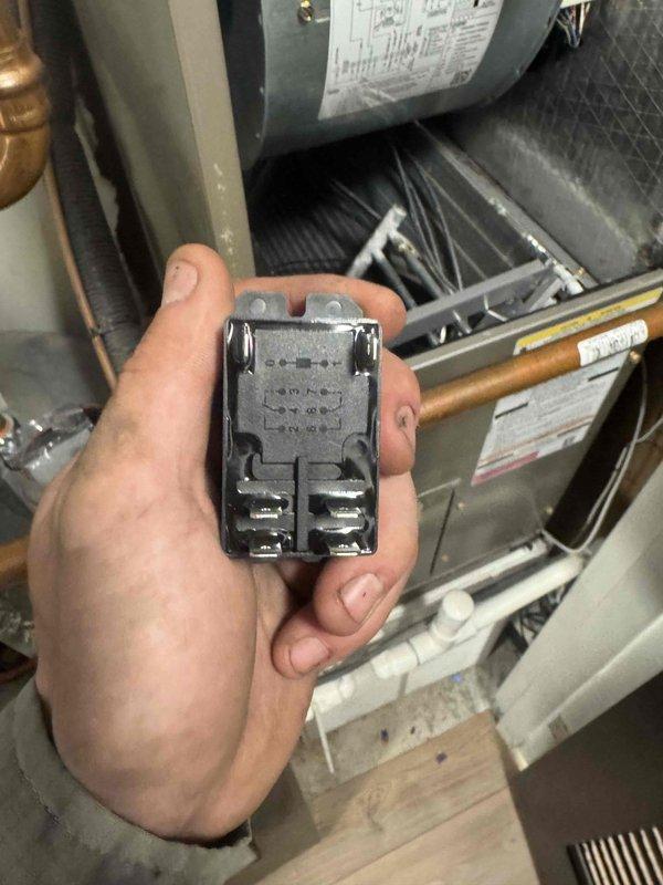 Installed replacement rectifier and relay components in HVAC system. Completed thorough testing of unit operation in both heating and cooling modes to verify proper functionality. Left system operating in heating mode at 65° setpoint.
