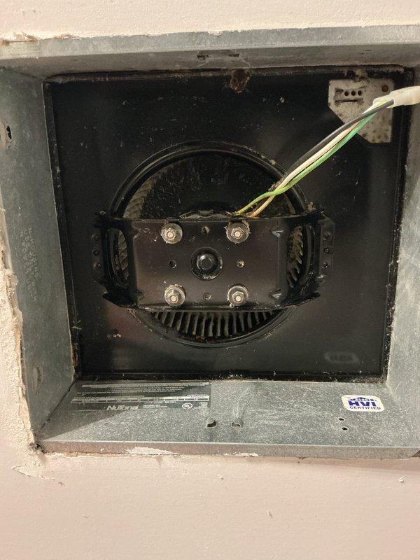 Responded to service call for bathroom exhaust fan evaluation. Upon inspection, assessed existing fan unit and housing condition. Provided estimate for complete bathroom exhaust fan housing replacement due to deteriorated condition of existing assembly. Documented electrical junction box configuration and verified circuit breaker panel connections for future installation work.