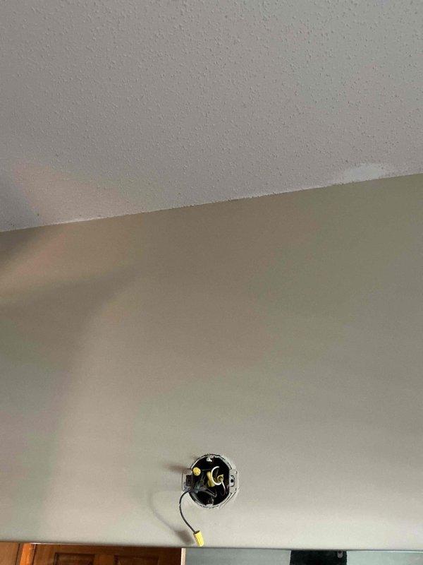 Completed installation of bathroom light fixtures and ceiling-mounted electrical fixture with visible wiring connections. Installed triple-gang switch plate with three toggle switches on interior wall, and added new electrical outlet in utility room as requested.