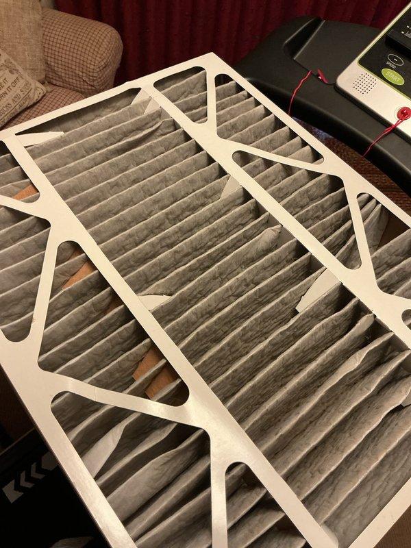 Responded to service call for routine maintenance and thermostat issue. Replaced heavily soiled air filter with new unit and installed fresh batteries in thermostat to restore proper temperature readings. System returned to normal operation upon completion.