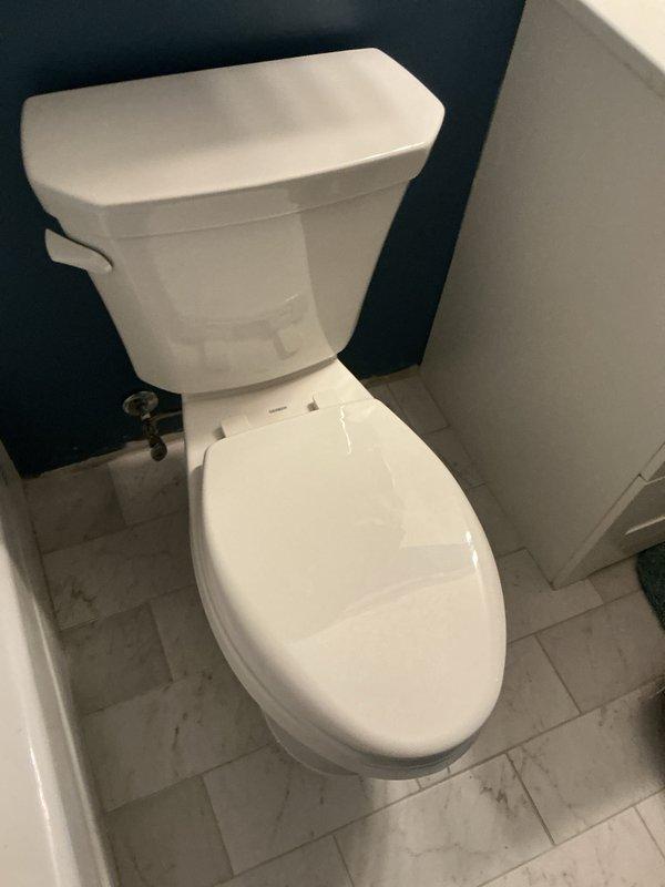 Completed installation of new Gerber Viper low-rise elongated toilet in residential bathroom. Removed existing fixture, installed new two-piece toilet unit against dark-colored wall, connected water supply line with shut-off valve, and verified proper operation and seal.