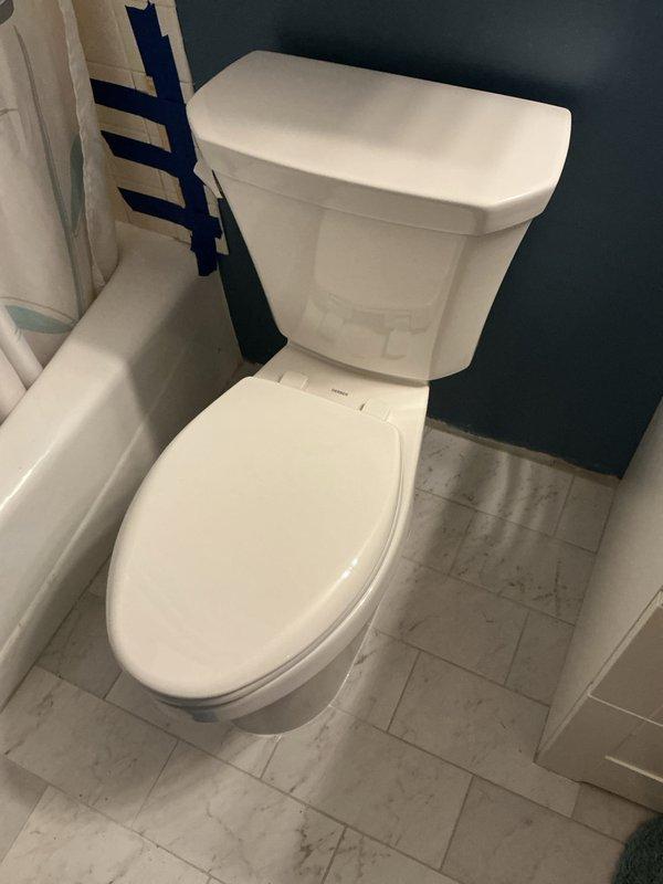 Completed installation of new Gerber Viper low-rise elongated toilet in residential bathroom. Removed existing fixture, installed new two-piece toilet unit against dark-colored wall, connected water supply line with shut-off valve, and verified proper operation and seal.