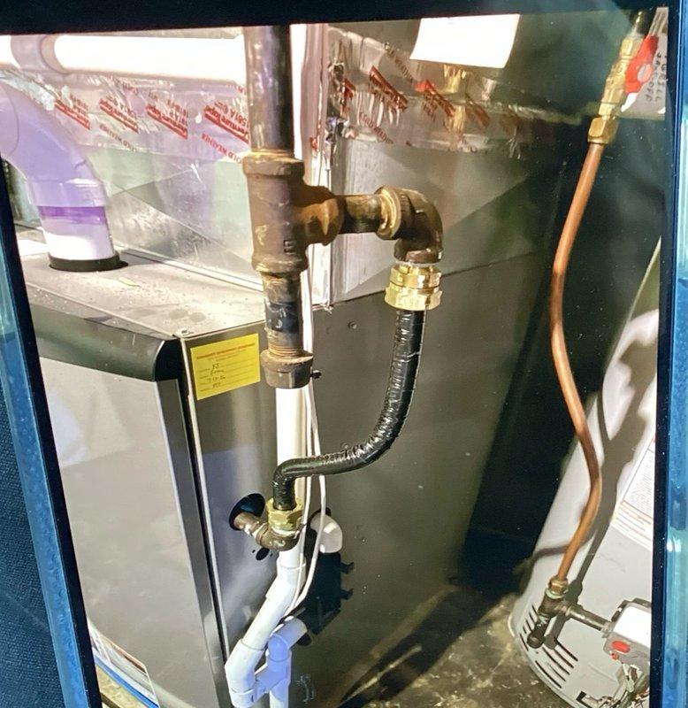 Responded to failed inspection citation for non-compliant gas connector on furnace installation. Removed unlisted and unlabeled corrugated gas connector material that did not meet code requirements. Installed approved gas line connection with proper brass fittings and code-compliant flexible connector. Verified all connections for proper fit and tested system for gas leaks. System restored to safe operating condition and brought into compliance with current gas piping standards.