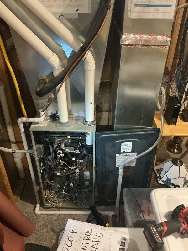 Responded to service call for HVAC system with faulty control board. Replaced defective circuit board in air handler unit with new control board from technician inventory. System was operating outside of warranty period. Verified proper operation of new circuit board, confirmed all electrical connections were secure, and tested system functionality before completing repair.