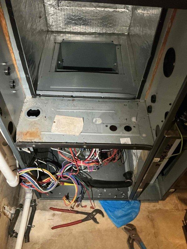 Replaced the failed heat exchanger on the gas furnace under manufacturer warranty, with visible rust and corrosion noted on the internal cabinet components. After installation, performed a complete system test of all furnace operations and verified proper function with no issues found.