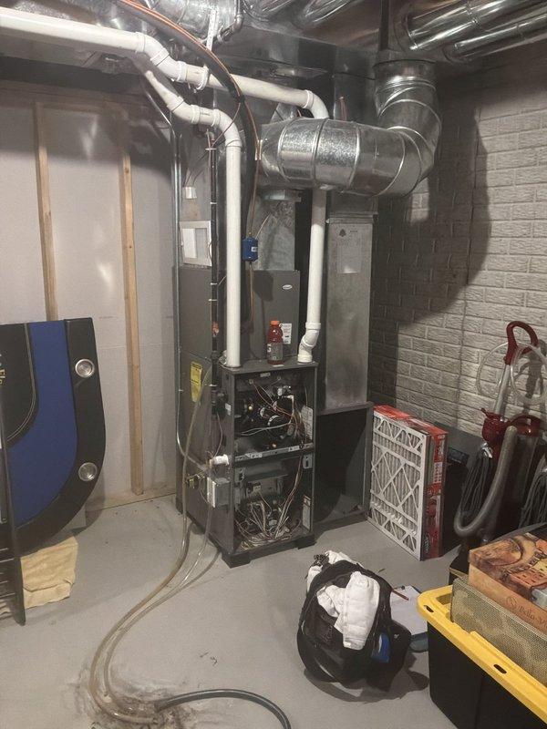 Completed preventive maintenance inspection on Rheem air conditioning system and R96VA0702317MSA gas furnace installed in 2018. Performed comprehensive system evaluation including blower motor and squirrel cage assembly inspection, verified electrical connections and wiring integrity, checked ductwork and ventilation components, and confirmed all mechanical components operating within normal parameters. All equipment found to be functioning properly with no deficiencies noted at time of service.