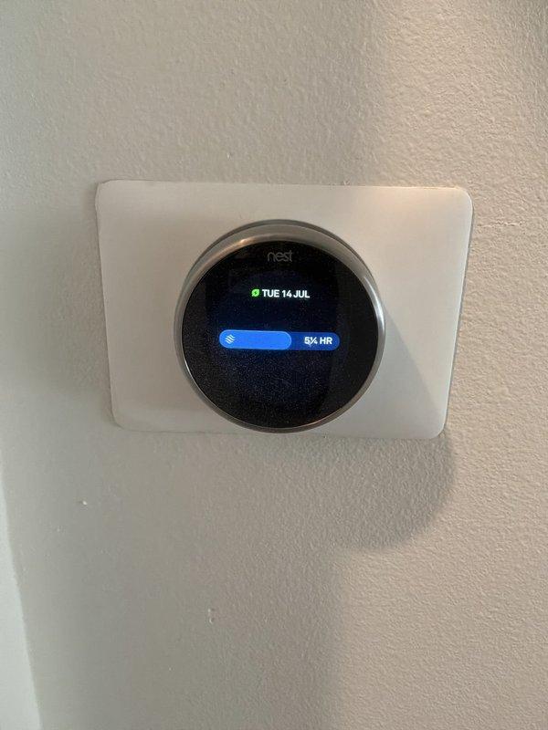 Responded to no cooling complaint for upstairs zone served by Rheem model RA1330AJ1NA air conditioner (serial W221837316). Performed diagnostic evaluation of system and verified Nest thermostat operation and settings, confirming proper communication between thermostat and HVAC equipment. System restored to normal cooling operation with upstairs zone achieving proper temperature control.