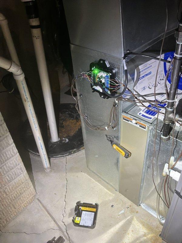 Responded to after-hours no cooling call on 2-year-old Armstrong Air system with complete loss of thermostat communication and system response. Upon arrival, diagnosed failed control board in air handler unit causing total system shutdown. Replaced defective control board, restored all electrical connections, and verified proper thermostat communication and system operation. Unit cycling normally with adequate cooling at time of departure.