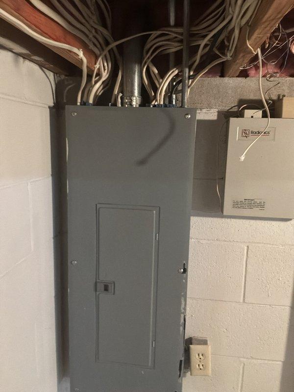 Completed comprehensive electrical member check-up for a 1989 residential property. Performed thorough inspection of main electrical service panel located in basement utility area, evaluating panel condition, wire connections, and cable management entering from ceiling joists. Assessed garage electrical systems including overhead lighting fixture and LiftMaster garage door opener operation to ensure proper functionality and safety compliance.