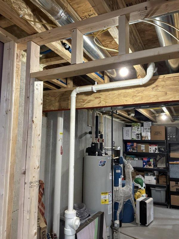 Provided estimate for rough-in plumbing installation to accommodate new sink and toilet fixture in basement bathroom area. Assessed existing water heater and supply line configuration, evaluated framing and insulation in shower stall area with centered floor drain location, and reviewed water softener system requiring removal of secondary filter unit to streamline filtration setup.