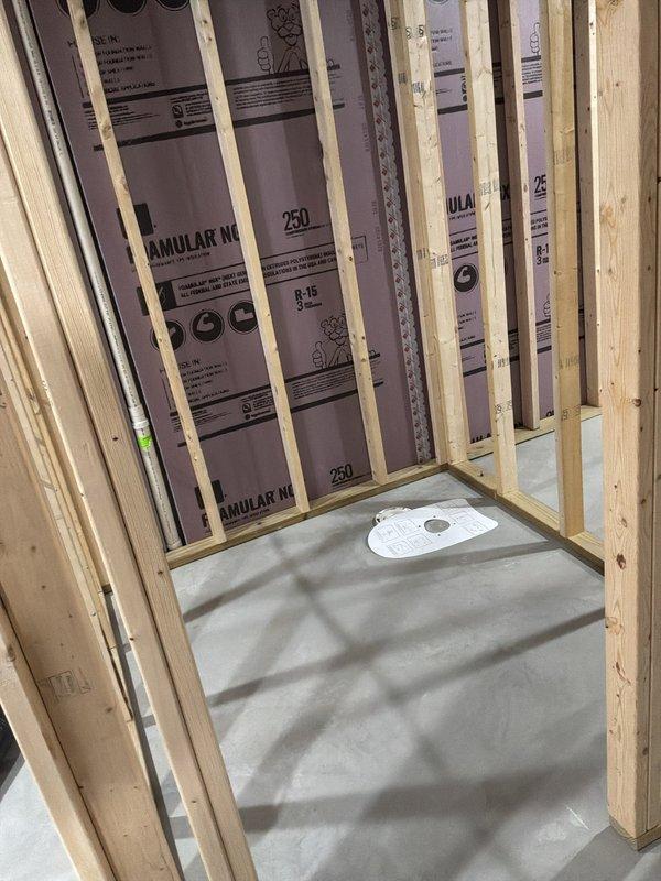 Provided estimate for rough-in plumbing installation to accommodate new sink and toilet fixture in basement bathroom area. Assessed existing water heater and supply line configuration, evaluated framing and insulation in shower stall area with centered floor drain location, and reviewed water softener system requiring removal of secondary filter unit to streamline filtration setup.