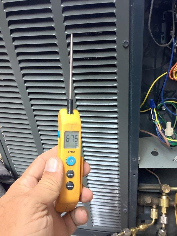 Performed Gold Cooling Maintenance on single system located on east side of house. Completed comprehensive tune-up including electrical diagnostics using clamp meter to verify proper amperage draw and system performance. Measured and documented temperature and humidity readings at unit, recording 67.5°F discharge air temperature. Inspected all electrical connections, wiring, and wire nuts for secure terminations. Evaluated refrigerant line connections and brass fittings for proper operation. Changed furnace filter with 16x25x1 replacement as requested. All electrical measurements within normal operating parameters and system operating efficiently upon completion of maintenance.