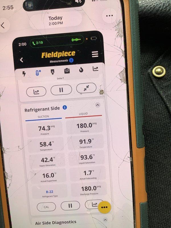 Responded to no cooling complaint on R-22 system. Upon arrival, confirmed unit was not operating. Performed diagnostic evaluation and obtained refrigerant side measurements using digital gauges. Suction pressure measured 74.3 PSIG with suction line temperature at 58.4°F, resulting in 16.0°F superheat at 42.4°F saturation temperature. Liquid line pressure recorded at 180.0 PSIG with line temperature of 91.9°F, showing critically low subcooling of 1.7°F at 93.6°F saturation temperature. Verified supply voltage at 122.62 VAC using multimeter. Low subcooling reading indicates significant refrigerant undercharge in system. Documented all measurements and electrical readings with photos for customer records.