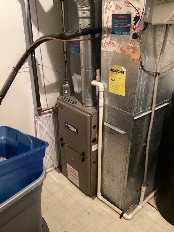 Completed routine maintenance on York furnace system approximately 5-6 years old as part of Comfort Care membership plan. Performed comprehensive furnace tune-up including inspection of all major components, burner assembly, heat exchanger, blower motor, and air distribution system. Verified proper operation of condensate drainage system and refrigerant lines, confirmed all safety controls functioning within manufacturer specifications, and replaced 16x25x1 air filter.