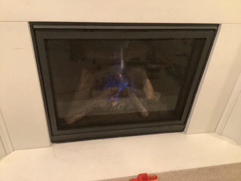 Inspected wall-mounted gas fireplace with glass front panel and ceramic log set to assess condition and determine replacement options for protective glass door. Verified fireplace operation with gas flames functioning properly and confirmed unit specifications for compatible glass door or screen replacement. Documented existing black metal frame assembly and glass panel configuration to provide homeowner with appropriate replacement part recommendations.