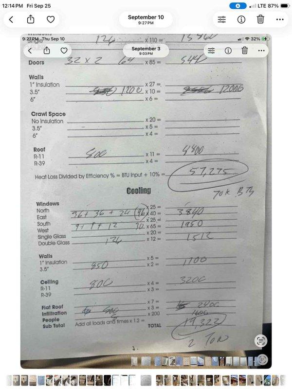 Responded to service tech referral for 21-year-old Carrier furnace system experiencing multiple component failures, including failing control board. Performed comprehensive system assessment and completed full heat loss calculations for replacement sizing, accounting for building envelope factors including wall insulation values, ceiling R-values, window configurations by orientation, door specifications, and infiltration loads. Documentation indicates required BTU input capacity of 70,000 BTU with total calculated heat load of 64,252 BTU after applying appropriate safety factors. Photographed existing equipment configuration showing Rheem ductwork connections, air handler internal components, and temporary flexible duct connections secured with tape, indicating system modifications or previous repair attempts.